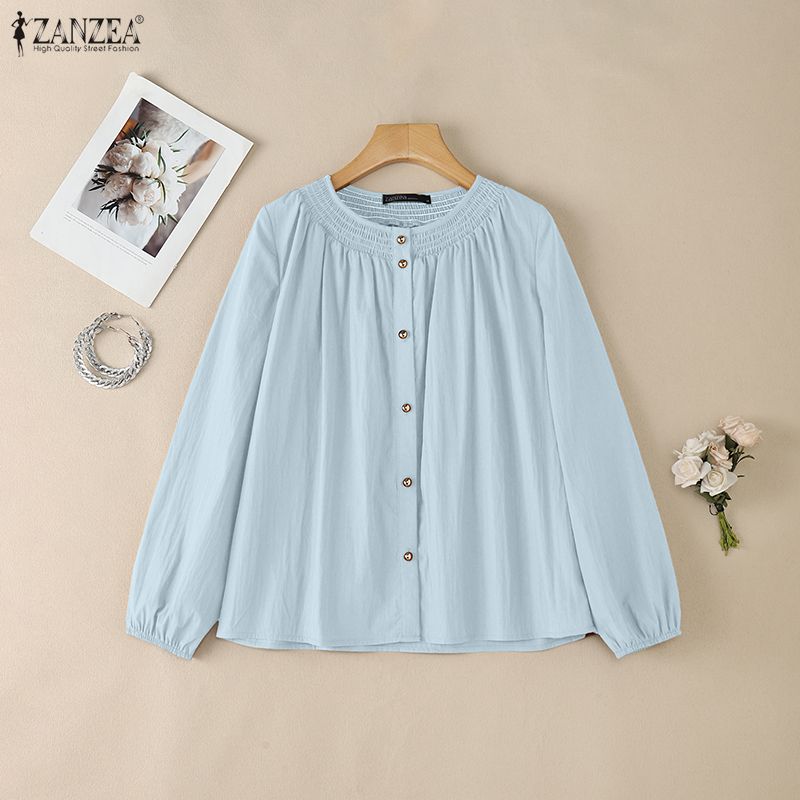 ZANZEA Women Casual Round Neck Solid Color Long Sleeve Blouse