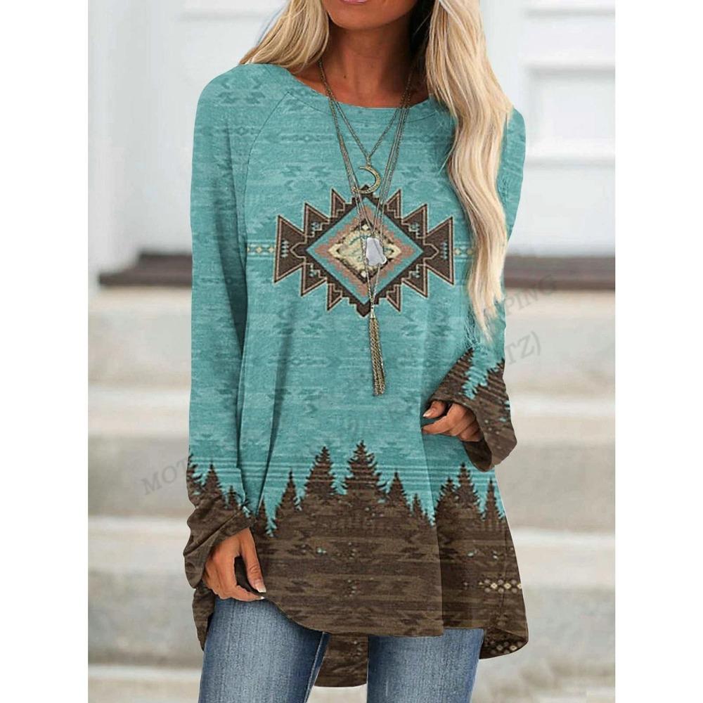 Etnisk t-skjorte med 3d-trykk for kvinner Mote-t-skjorter Uformelle overdeler med lange ermer T-skjorter T-skjorte med grafisk trykk Løs Harajuku vintage-t-skjorter