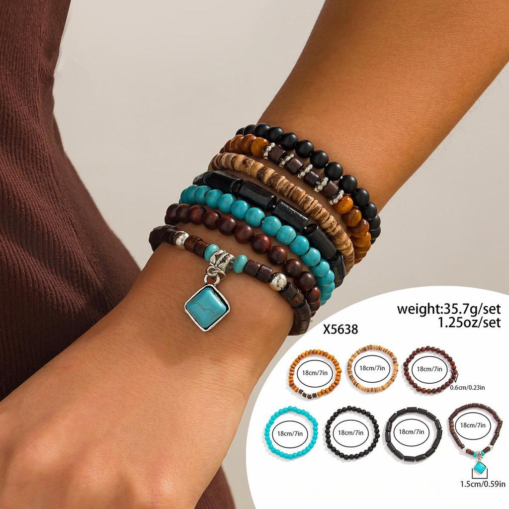 Women Beaded Bracelet Vintage Boho Style Handmade Leather Stretch Bracelet Fashion Vacation Men Accessories 5-piece Set