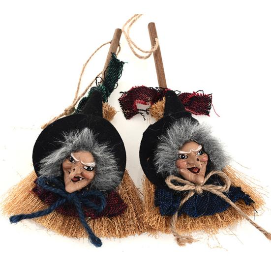 Halloween Witch Broom Pendant Vicious Creepy Old Woman Hanging Hairy Haunted House Rag Door Window Decoration Prop