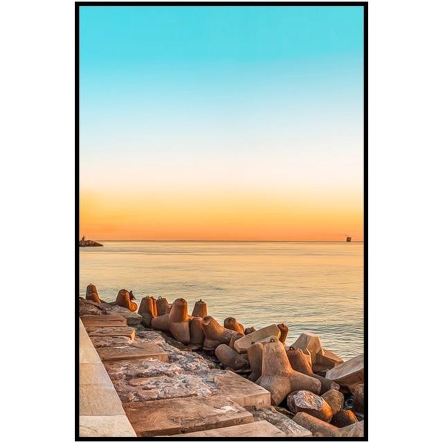 Bellissimo Paesaggio di Città Costiera Tramonto Crepuscolo Cavalletto Faro Poster Pittura su Tela Per Soggiorno Casa Arte Decorazione Moderna