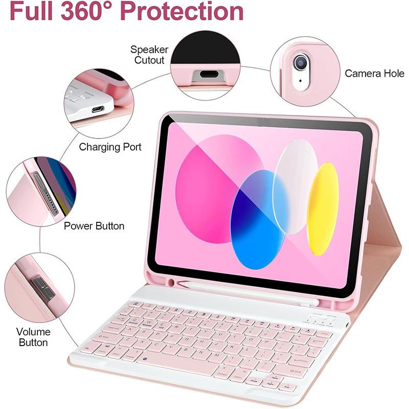 Compatible with iPad 11 A16: 10th Gen 10.9" Leather Case with Detachable Bluetooth Keyboard & Magnetic Pencil Holder.