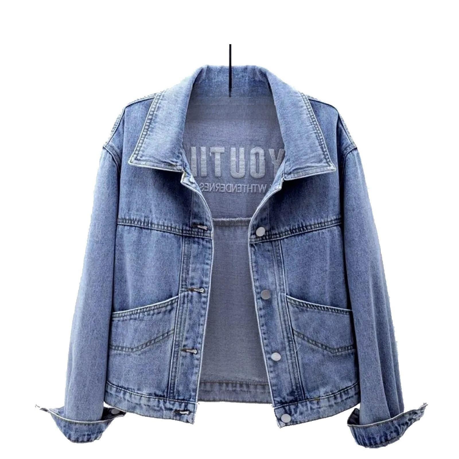 

Вышитое джинсовое пальто с длинным рукавом, модные топы больших размеров, универсальные, в западном стиле, для похудения, повседневные женские L (50.50 Kg-55.00 kg синий