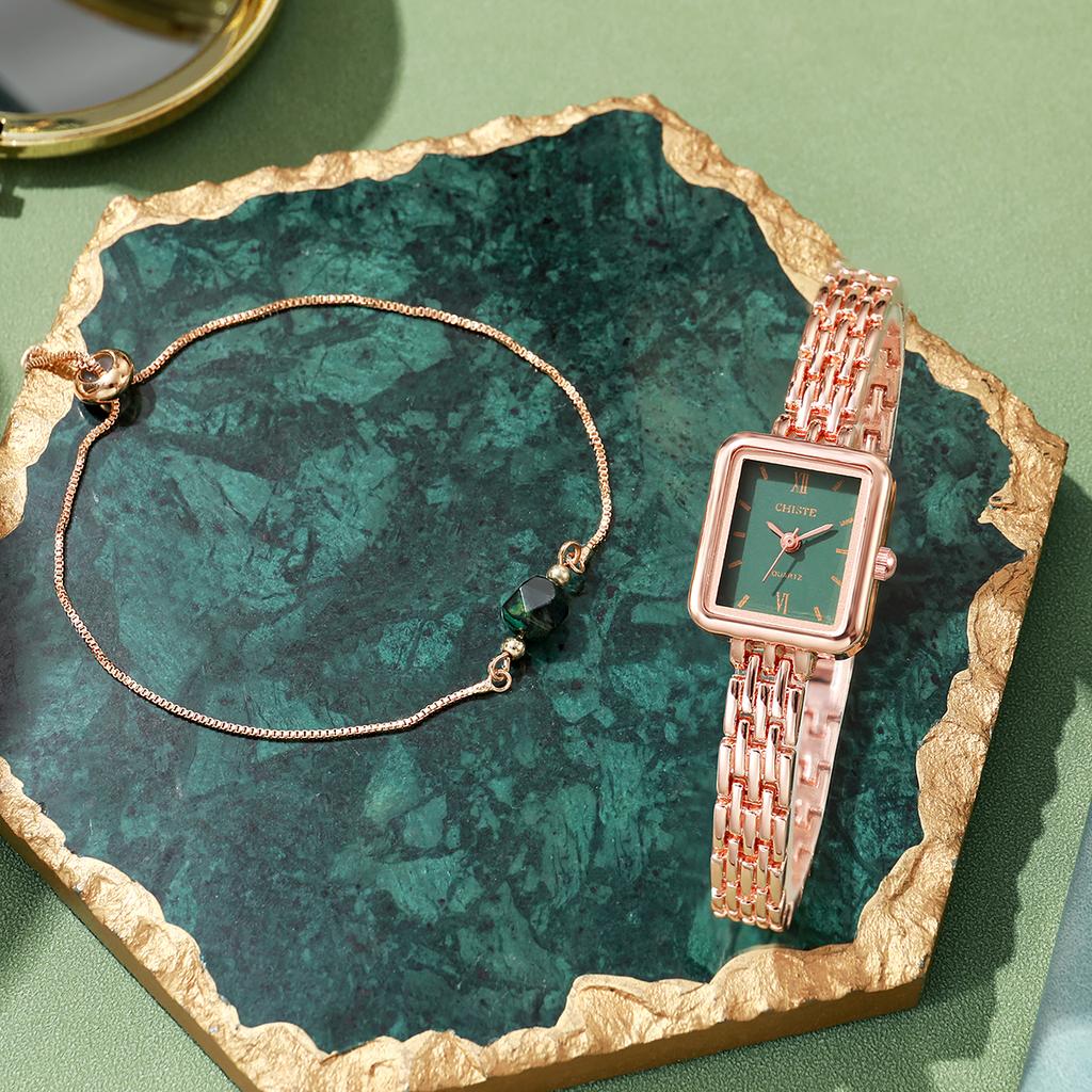 No Gift Box, Small Square Steel Strap Watch for Women, Simple and Cold Temperament Chain Crystal Bracelet 2-piece Set.