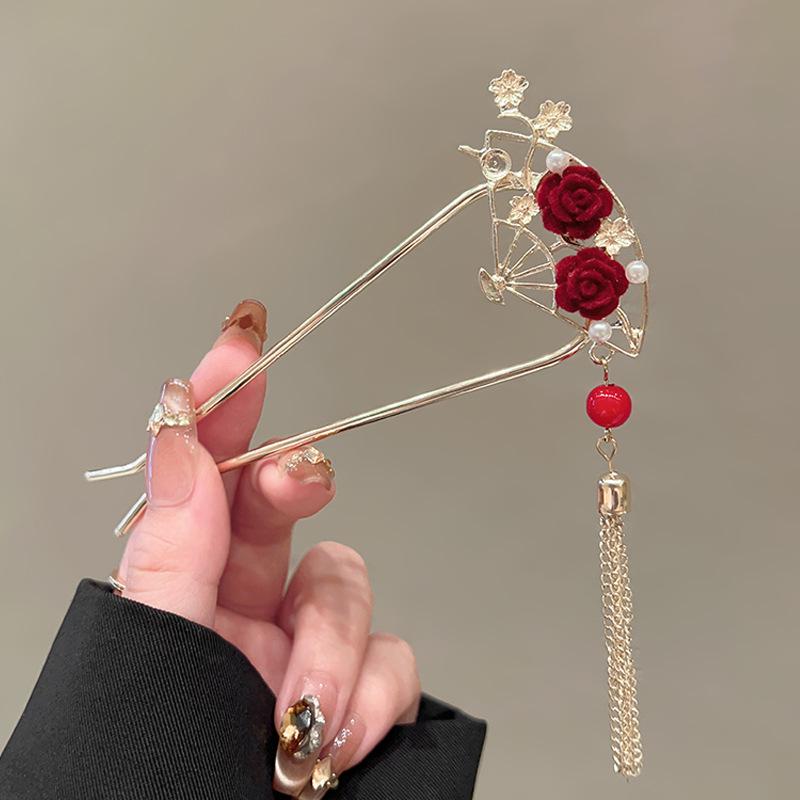 Elegant Red Rose Tassel Hairpin - U-shaped Hair Accessory for Women, Perfect for Updos and Traditional Attire.