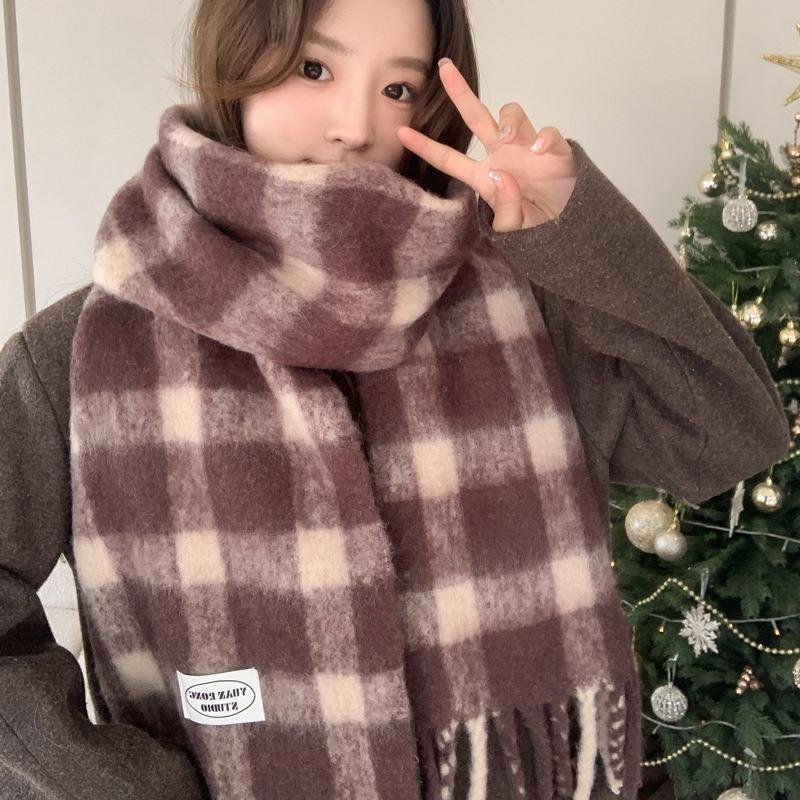 Coffee temperament wool blended knitted scarf women's winter versatile thickened warm scarf