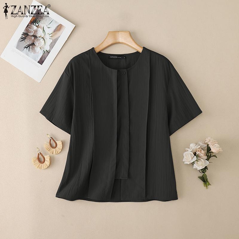 ZANZEA Women Casual Round Neck Solid Color Short Sleeve Blouse