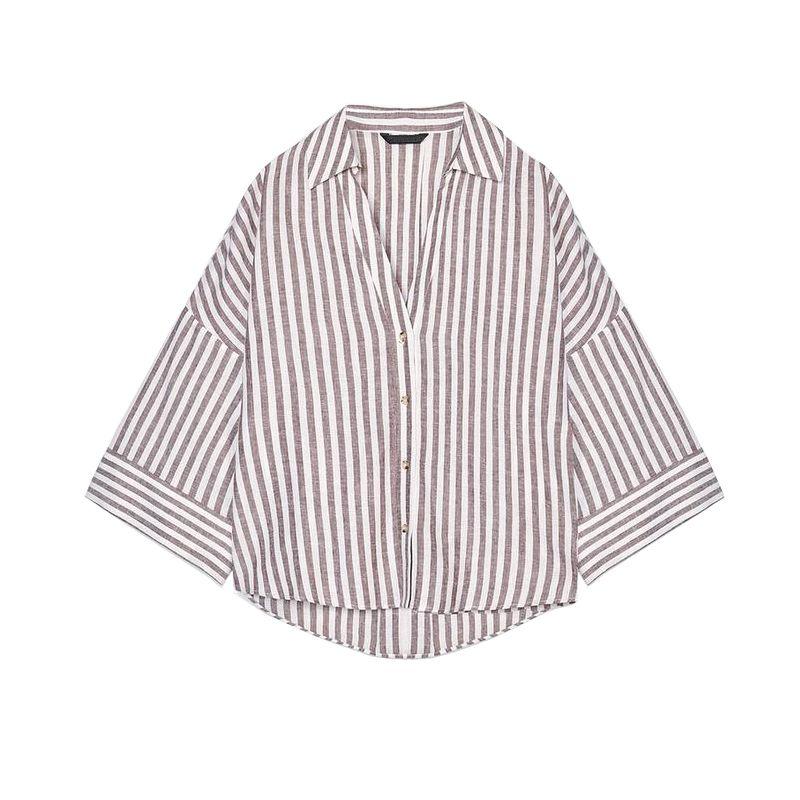 Spring New Women's Clothing French Simplicity Style Light Spring Linen Blended Wide Sleeve Plaid Shirt 2340939