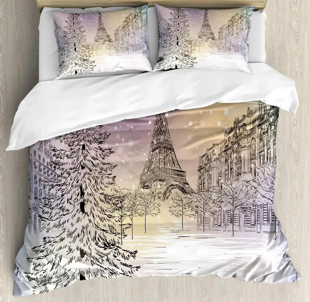 Eiffel Tower Paris Theme Comfortable Duvet Quilt Cover Pillowcase Bedding Set Children Bedroom Decoration Home Textile