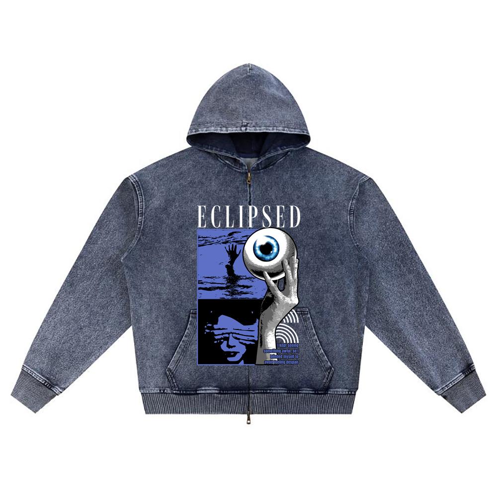 

DTG print Knitted Denim Zip-Up Hoodie Eclipsed Brother Print Zipper Hoodies XL темно-синий