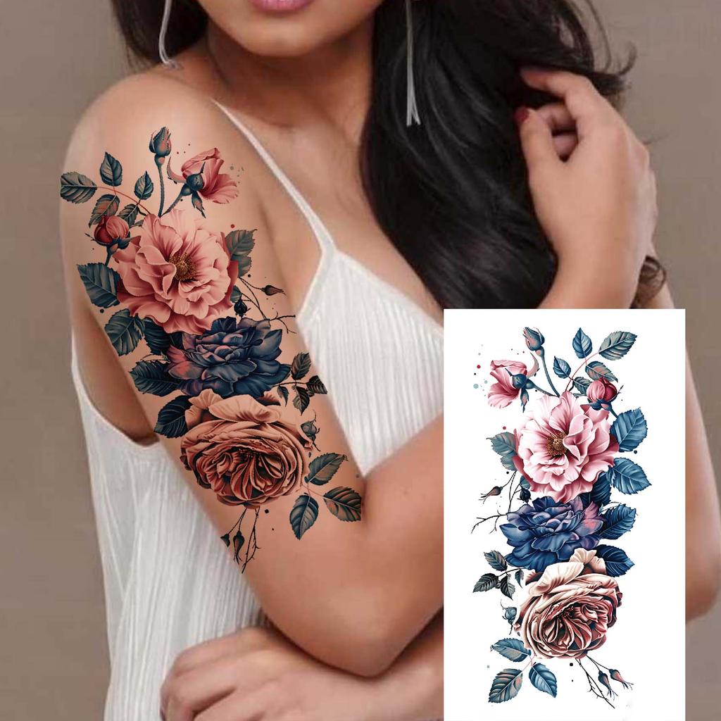1 Sheet 3D Flower Temporary Tattoos Sleeve For Women Girls Watercolor Peony Rose Sexy Tattoo Sticker Water Transfer Transferable