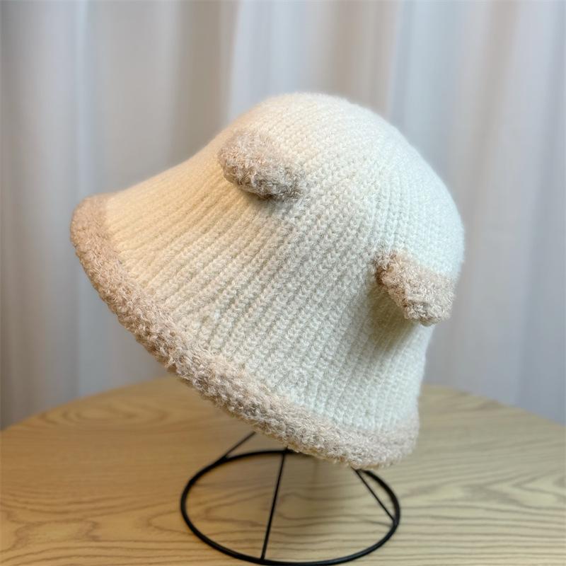 Cute Bear Ears Plush Fisherman Hat for Women New Spring and Autumn Versatile Face Showing Small Knitted Bucket Hat Winter