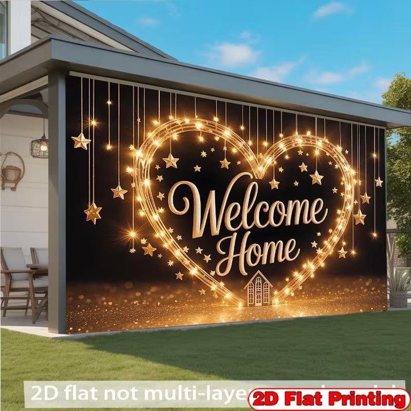 2D Gold Sparkle Welcome Home Background, Heart Light Star Themed Housewarming Party Decor Banner