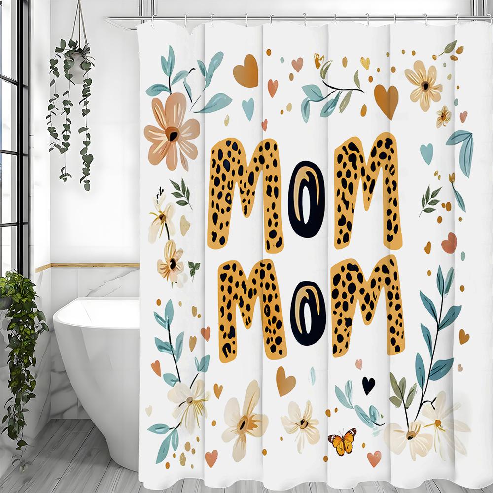 Happy Mother's Day Floral Mom Text Shower Curtain, Bathroom Decorative Shower Curtain, Waterproof Shower Curtain with Hooks