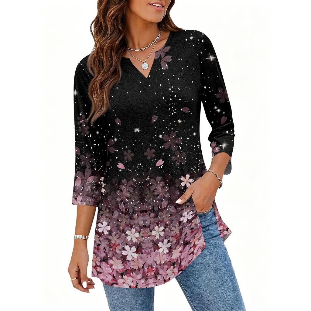 Women's Casual V Neck 3/4 Sleeve Pullover Tunic Top Floral Print Mid Length Loose Fit Blouse for Everyday Wear