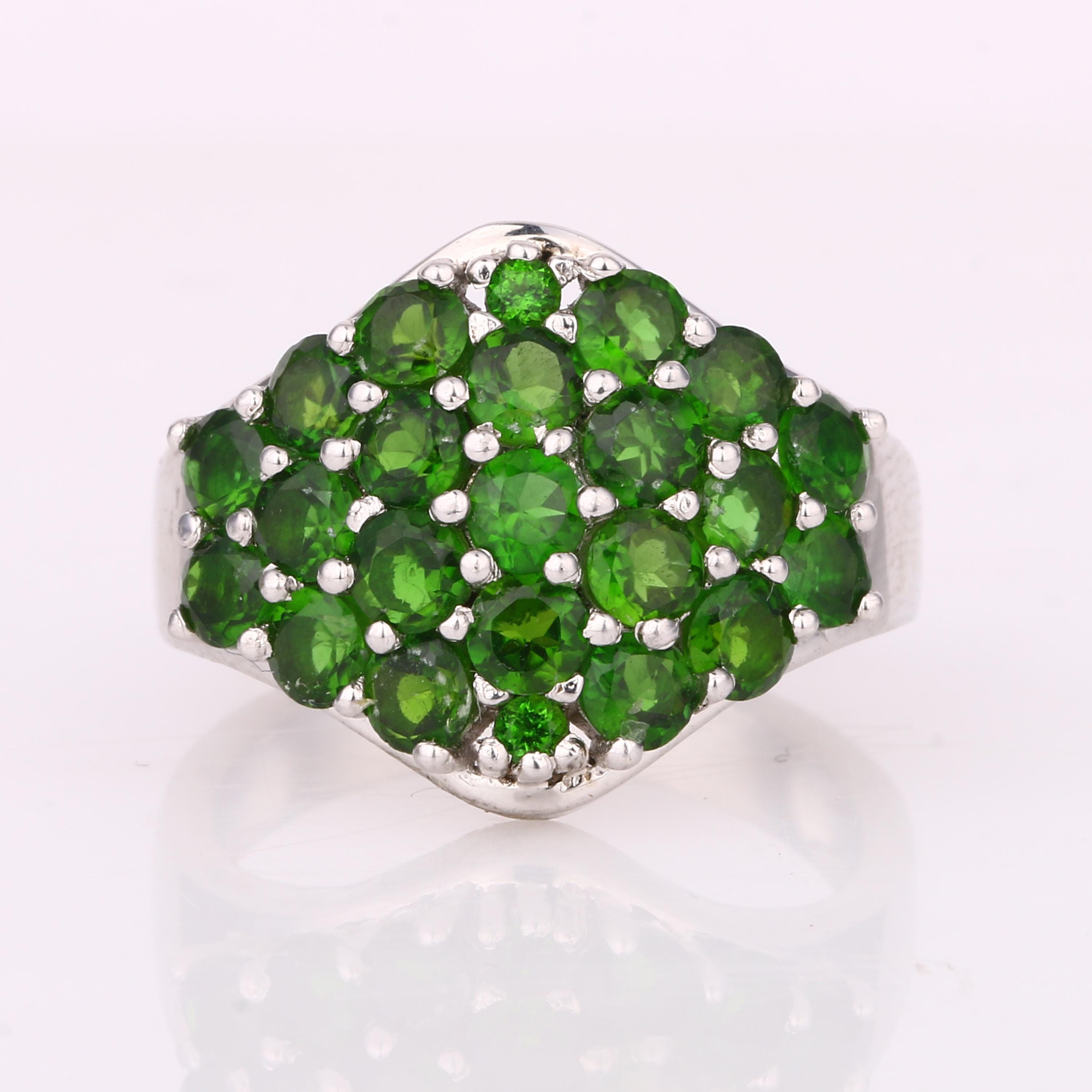 

Rhodium Plated Sterling Silver Chrome Diopside Cluster Ring Round Green Gemstone Statement Piece