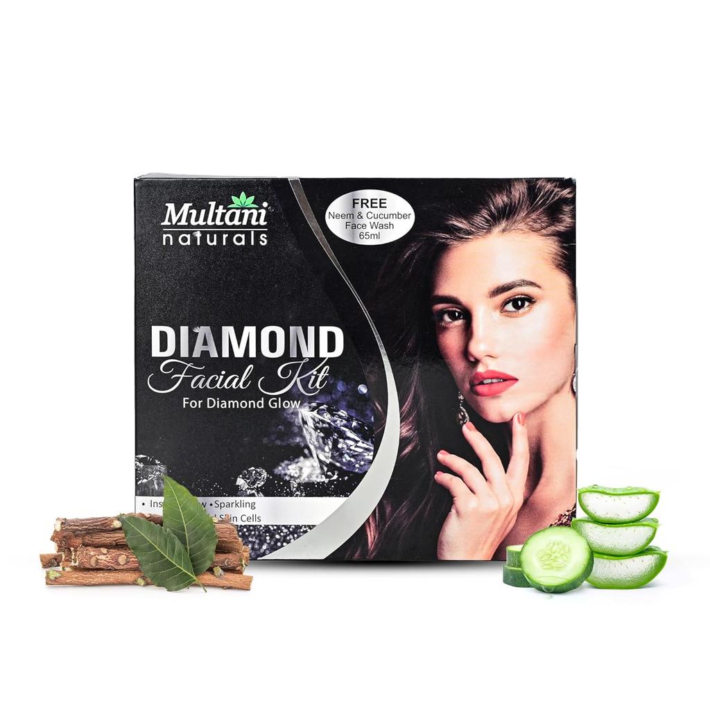 Multani Naturals Diamond Facial Kit 6 Step Glow Cleansing Massage Scrub Face Pack With Free Face Wash 65 Ml