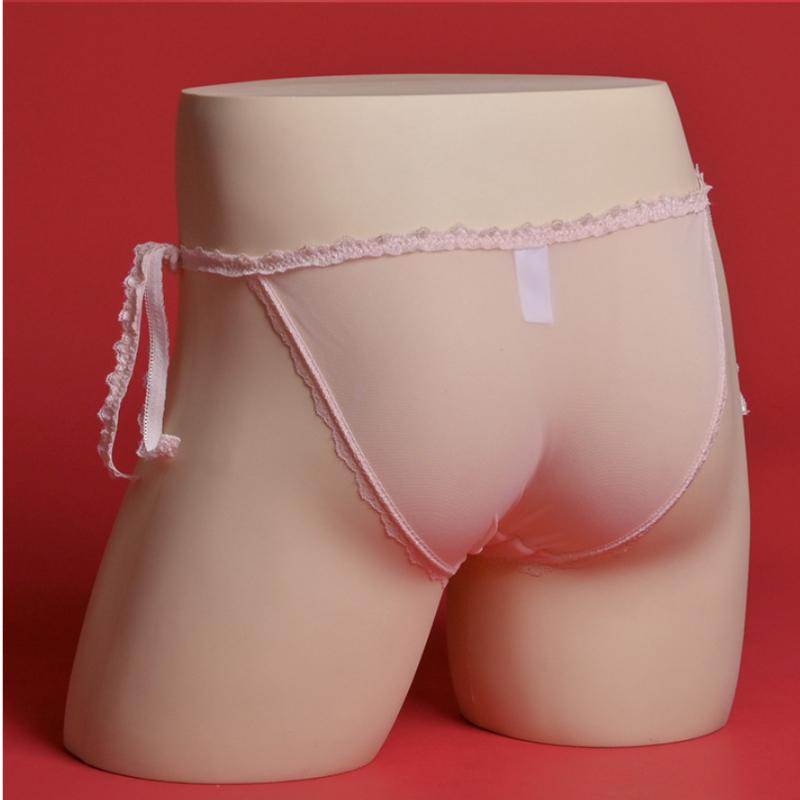 Large Men'S Mesh Sissy Pouch Panties Sexy Femboy Transparent Lingerie Low Rise Lace Up Wasit Bikini Briefs Crossdress Underwear