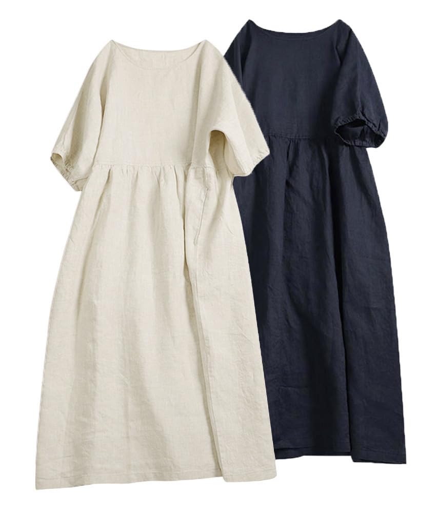 Minesam Summer Long Short Sleeve Cute and Dress for and Fall Women's Cotton-Linen Dress, Dress, Dress, Figure-Flattering Spring, Summer, (01 Beige,