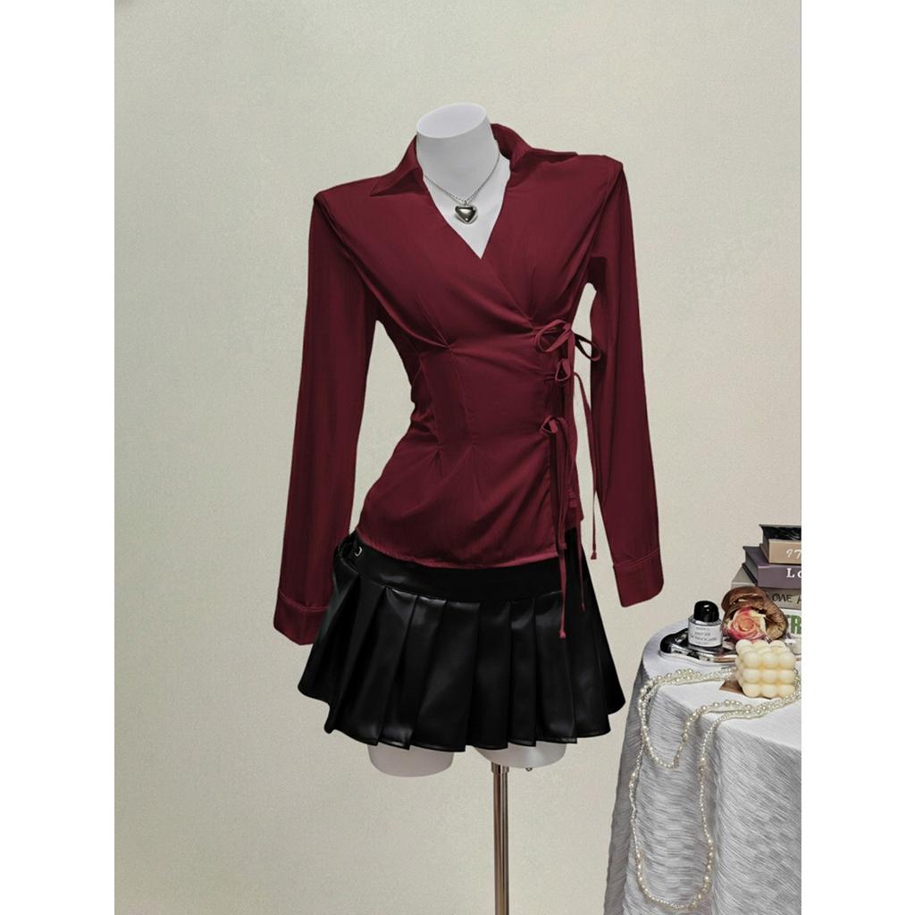 Women's Point Collar Long Sleeve Blouse Fitted Elegant Wrap Tie Side Casual Top