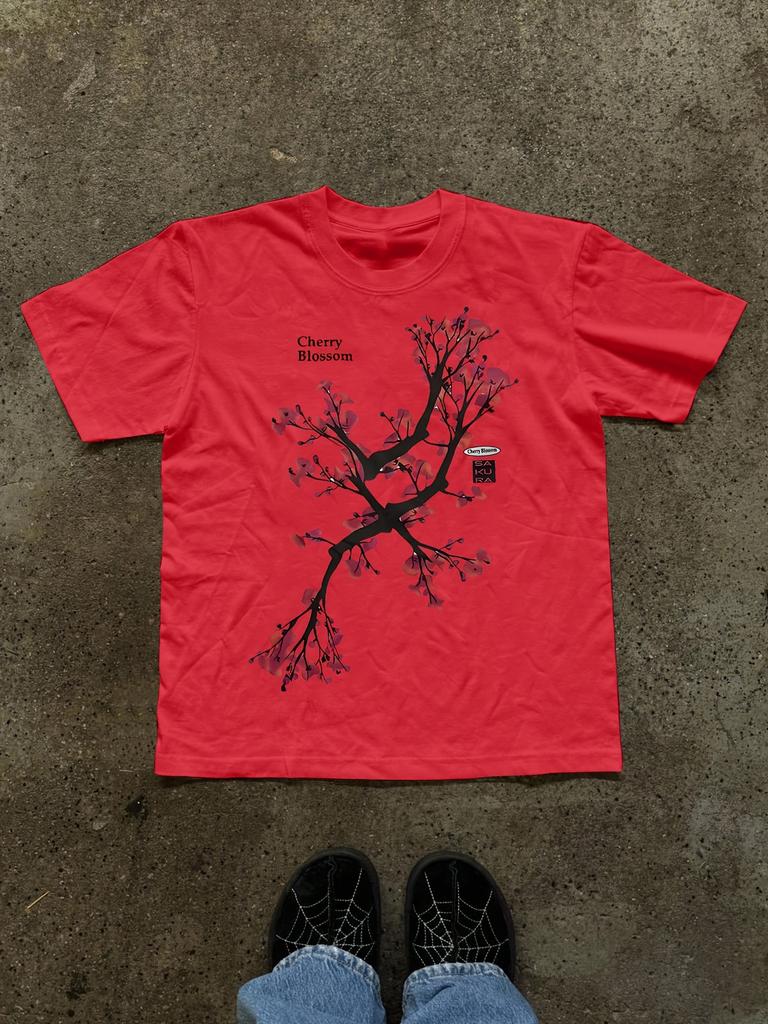 Street Style Cherry Blossom Tree Print Retro Tshirt Short Sleeved Round Neck Casual Top Autumn Short Sleeved Top Casual Wear