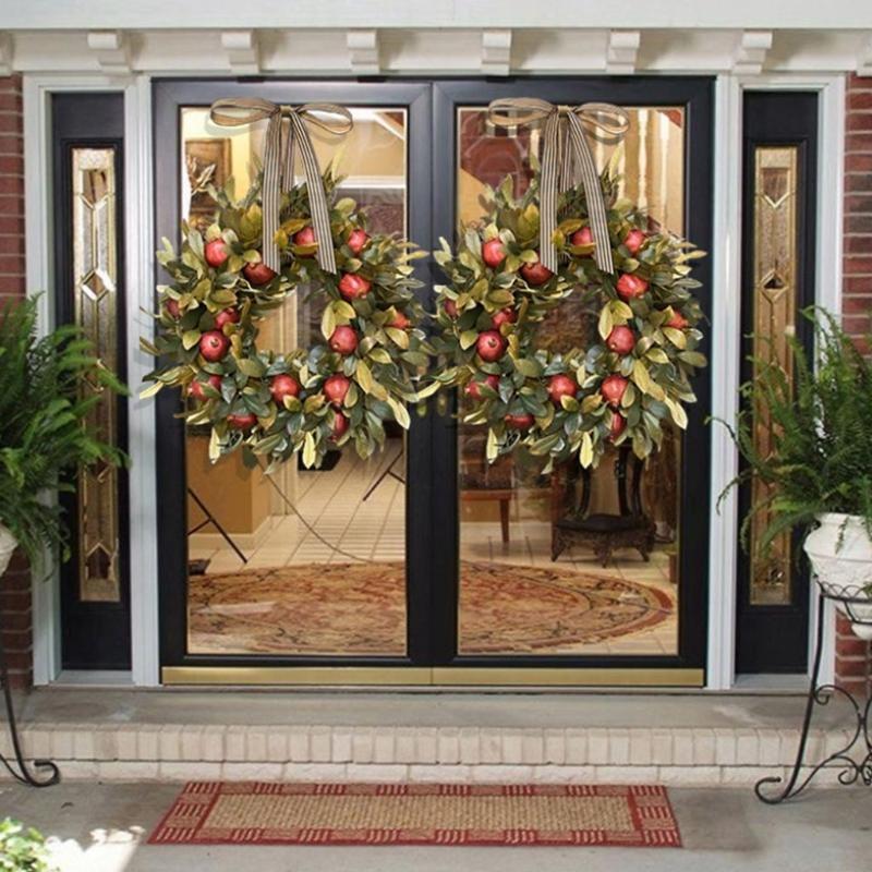 Autumn Fall Front Door Wreath Artificial Pomegranate Fruit Ribbon Bow Realistic Greenery Garland Hanging Onrmanet Thanks
