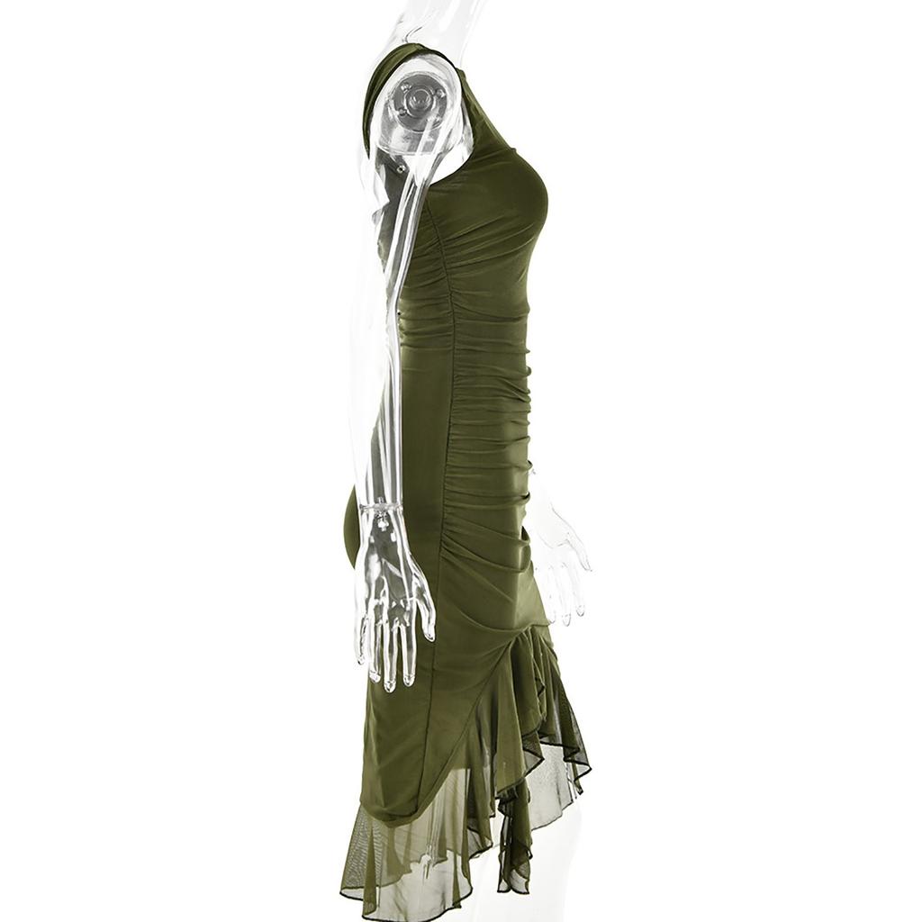 Ladies Sexy Tight Open Back Pleated Midi Dress Sleeveless Irregular Hem Dress Slim Dress