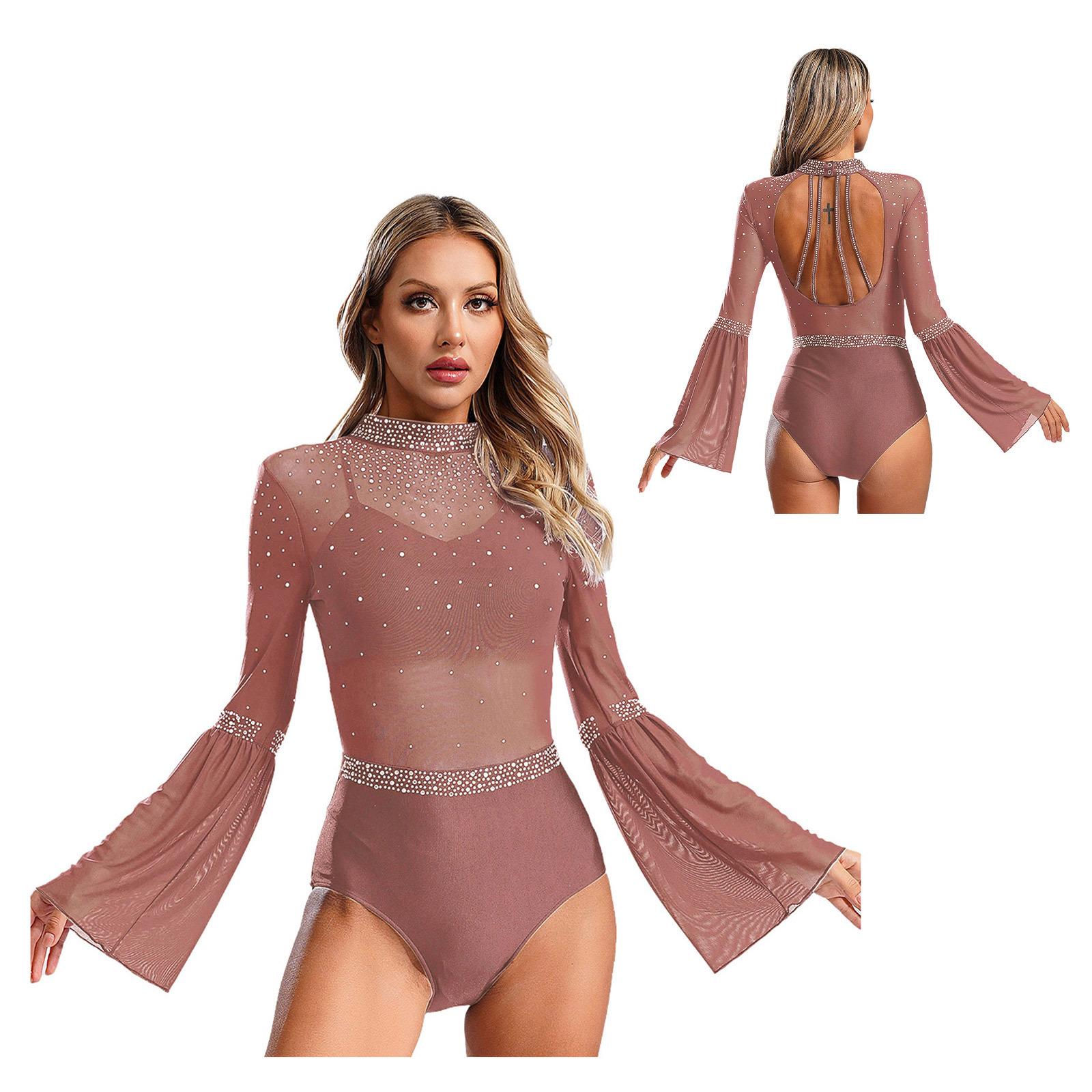 

Жіночий блискучий леотар зі стразами, прозорий сітчастий печворк, з коміром-стійкою, рукавами-кльош, без спинки, танцювальний одяг L рожевий