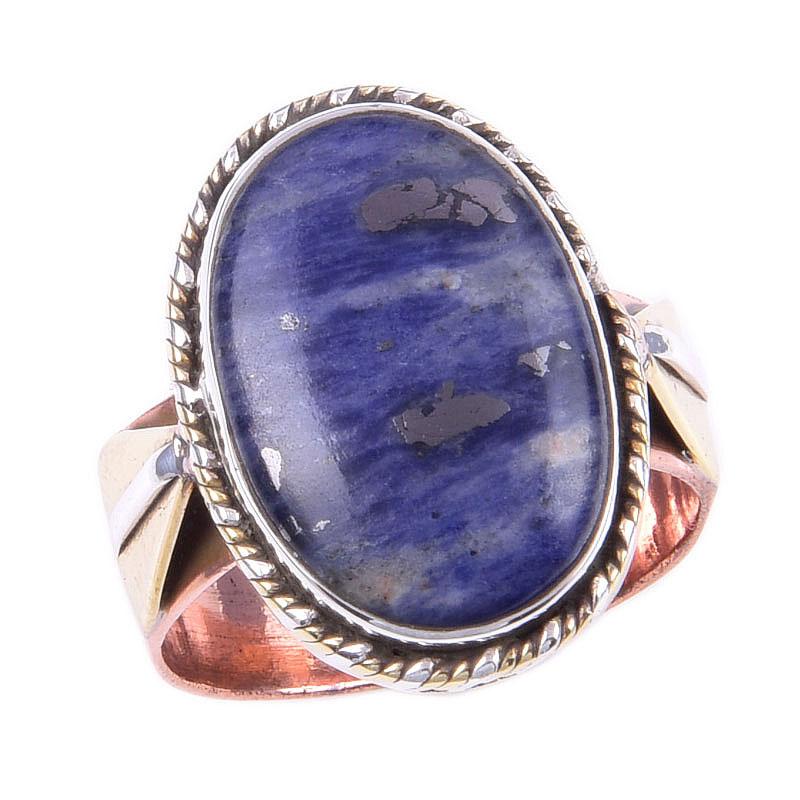 Natural Sodalite Gemstone Handmade 925 Sterling Silver Two Tone Ring Size 8 c6W14