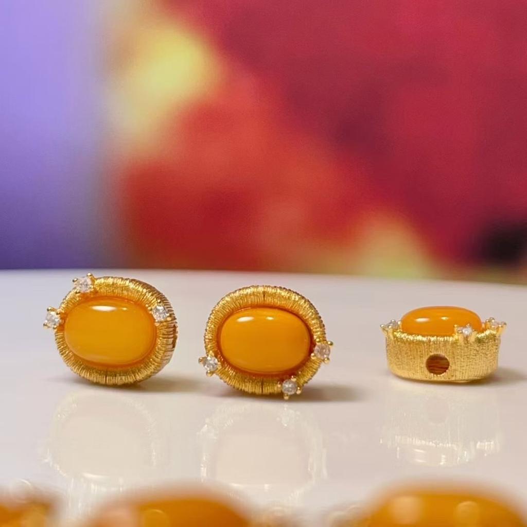 5Pcs, Natural Stone Yellow Amber Beads Accented with Golden Edges, Boho Oval Beads for Jewelry Making DIY Materials, Easter Hanukkah Crafts 8.5×9.5mm