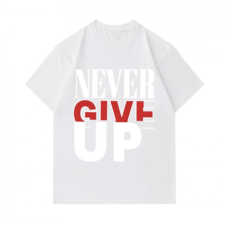 Men's 100% Cotton Crew Neck Short Sleeve T-Shirt, Never Give Up Inspirational Letter Print Casual Soft Breathable Regular Fit Summer Tee for Daily Wea