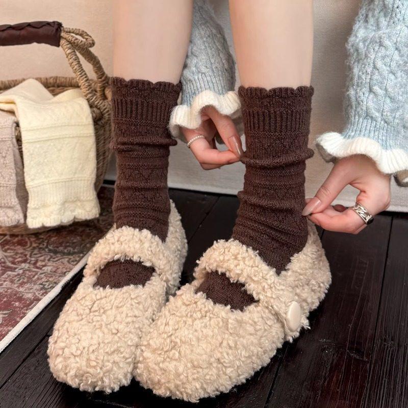 Women's White Wool Mid-Calf Lace Socks, Japanese Style Autumn/Winter Thickened Knit Boot Socks