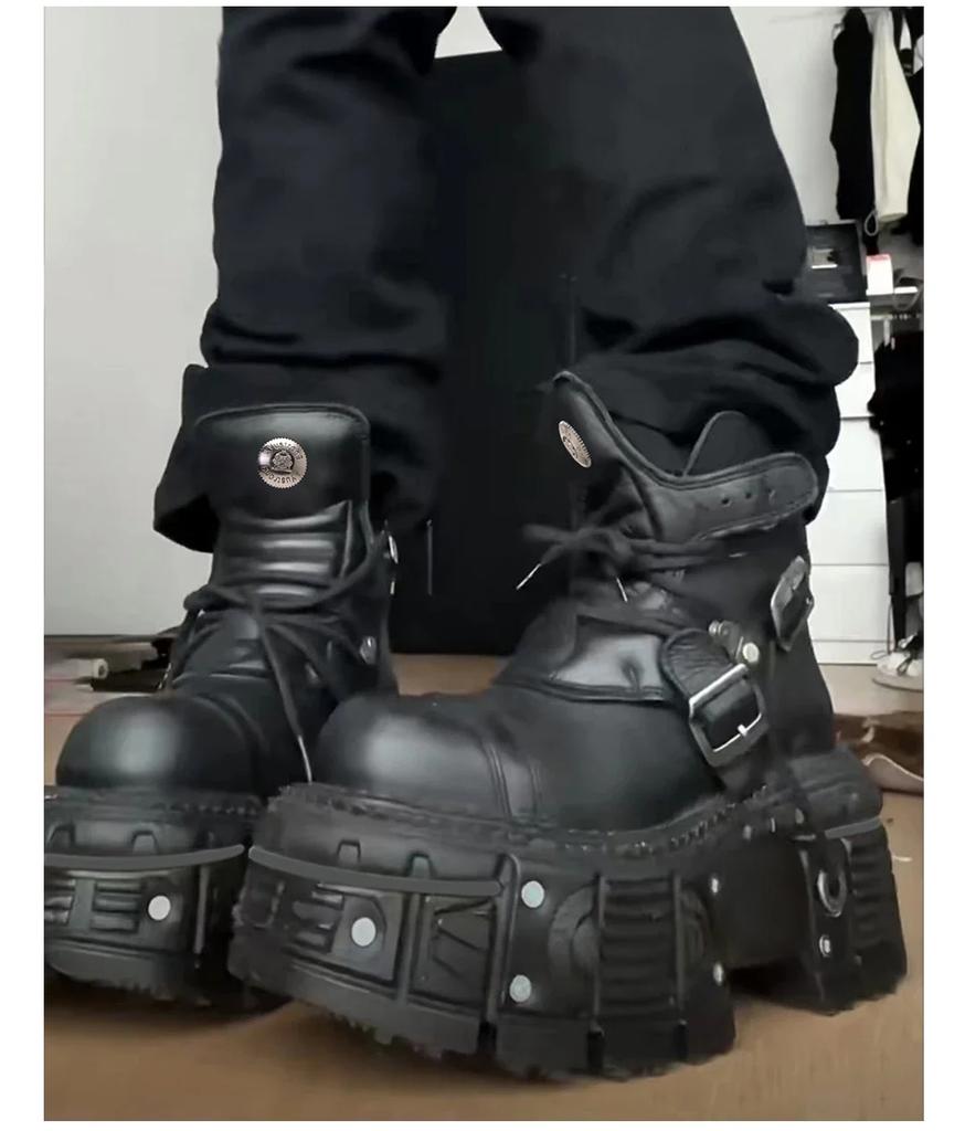 Fashion 2025 New Genuine Leather Tank Sole Punk Short Boots Short Boots Thick Sole Buckle Lace Up Boots Fashion Street Motorcycle Boots