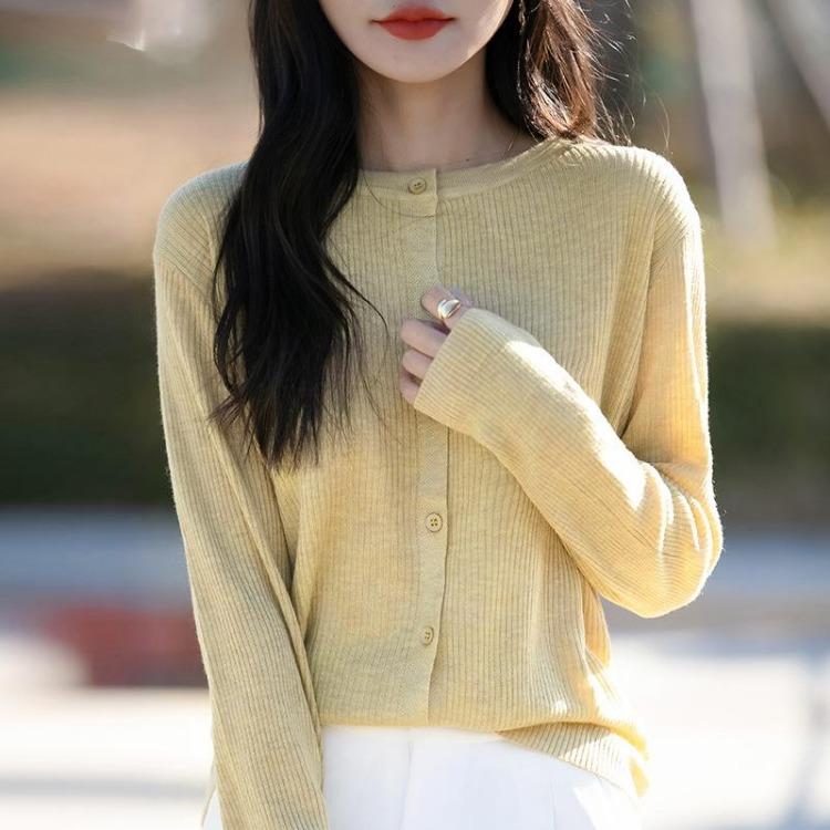 Korean Style Loose Long Sleeve Womens Cardigan Sweater Mini Coat Spring New Round Neck Knitted Outerwear