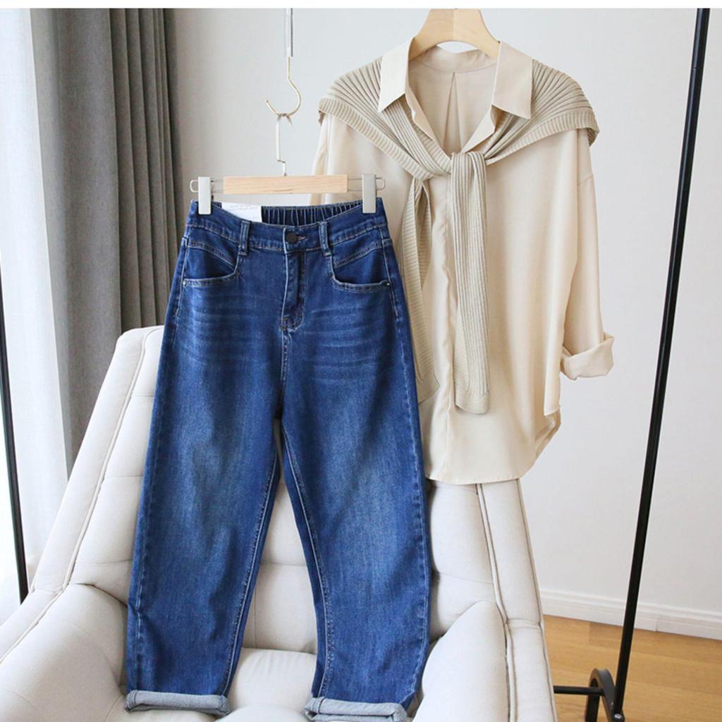2025 Women's High-Waist Loose Straight-Leg Elastic Jeans - Large Size, Nine-Point Harem Style