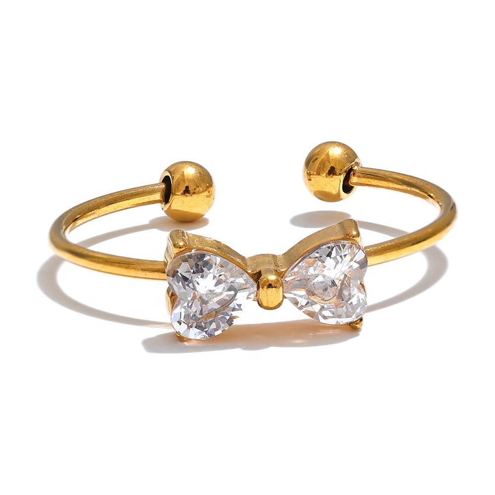 Yhpup Delicate Shiny Cubic Zirconia Bowknot Bow Open Finger Ring Stainless Steel Sweet Daily Trendy Jewelry Accessories