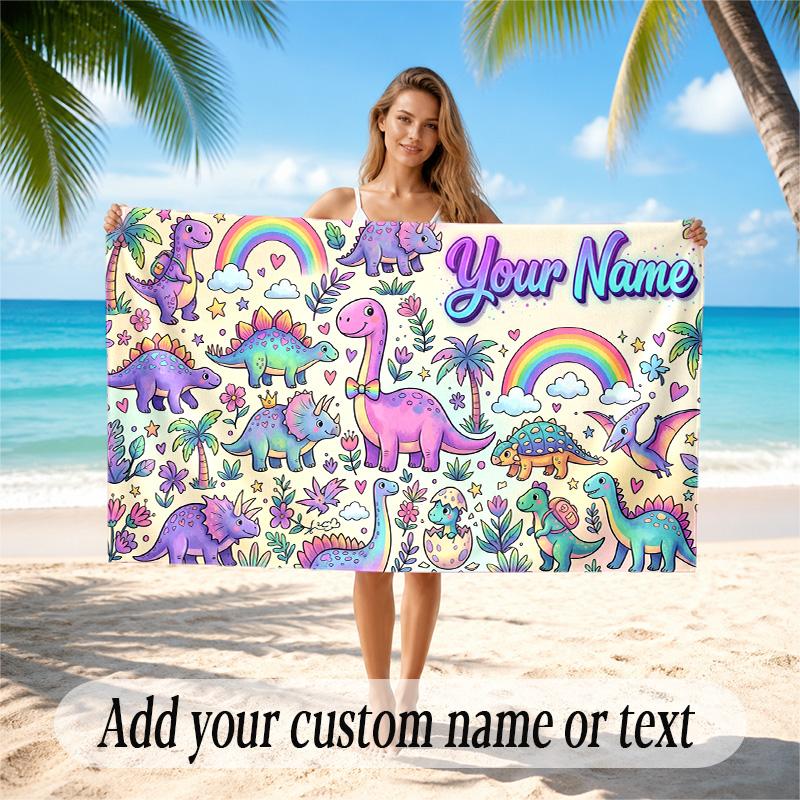 Dinosaur Theme Quick Dry Beach Towel Custom Name Text Print Large Sand Resistant Towel Beach Vacation