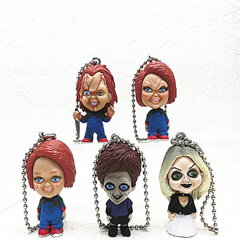 5 Stück/Set Film Chucky Schlüsselanhänger Braut von Chucky Modell Spielzeug Rucksack Anhänger Schlüsselkette Puppe Tasche Dekoration Halloween Geschenk Schlüsselanhänger
