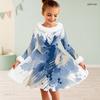 Girls Furry Collar Long Sleeve Beige Black Printed A Line Flared Dress With Bow