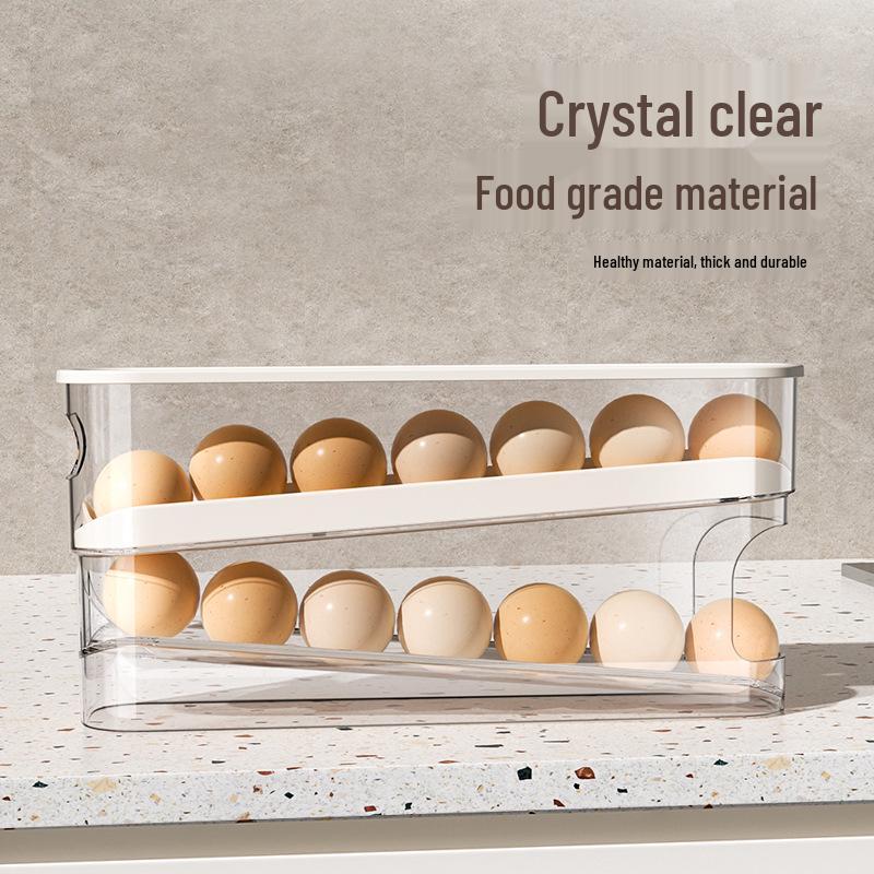 Refrigerator Egg Storage Box with Rolling Rack and Lid, Transparent Food-Grade Design