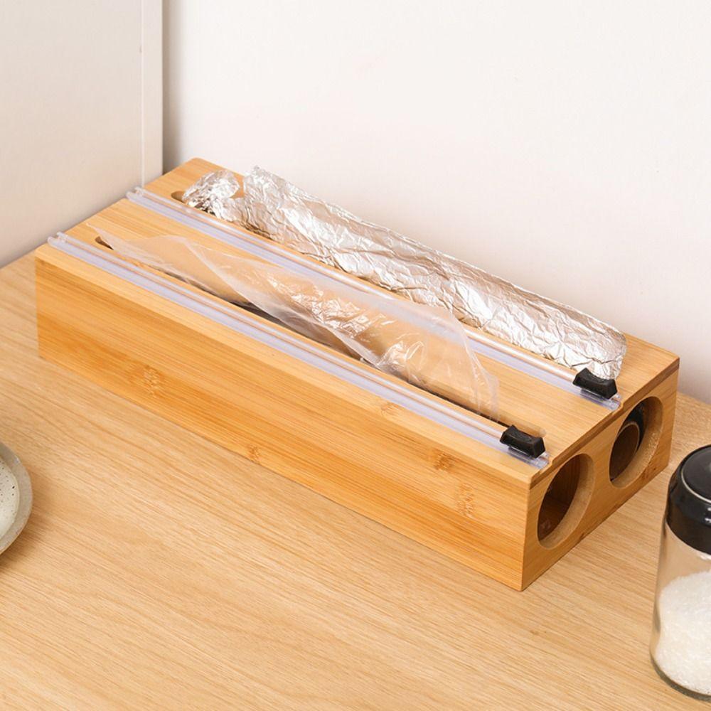 Wall Mounted Cling Film Cutter Box Bamboo Fresh Bag Cutting Holder Wrap Dispenser  Household