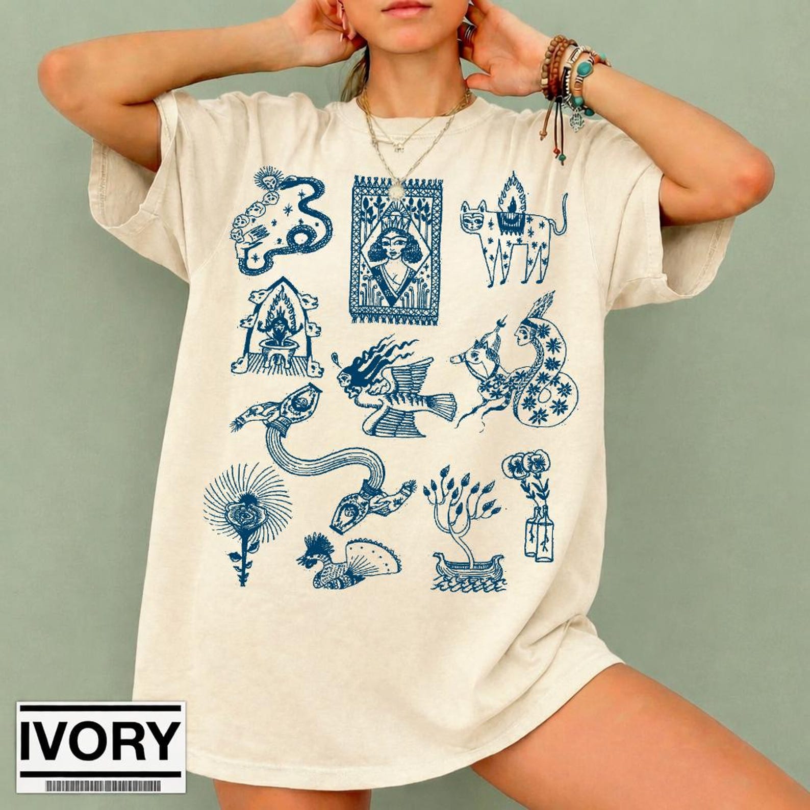 Folk Art Mystic Graphic Tee, Tarot Inspired Boho Shirt, Celestial Animal Illustration T-Shirt, Witchy Aesthetic Line Art Tee 2XL