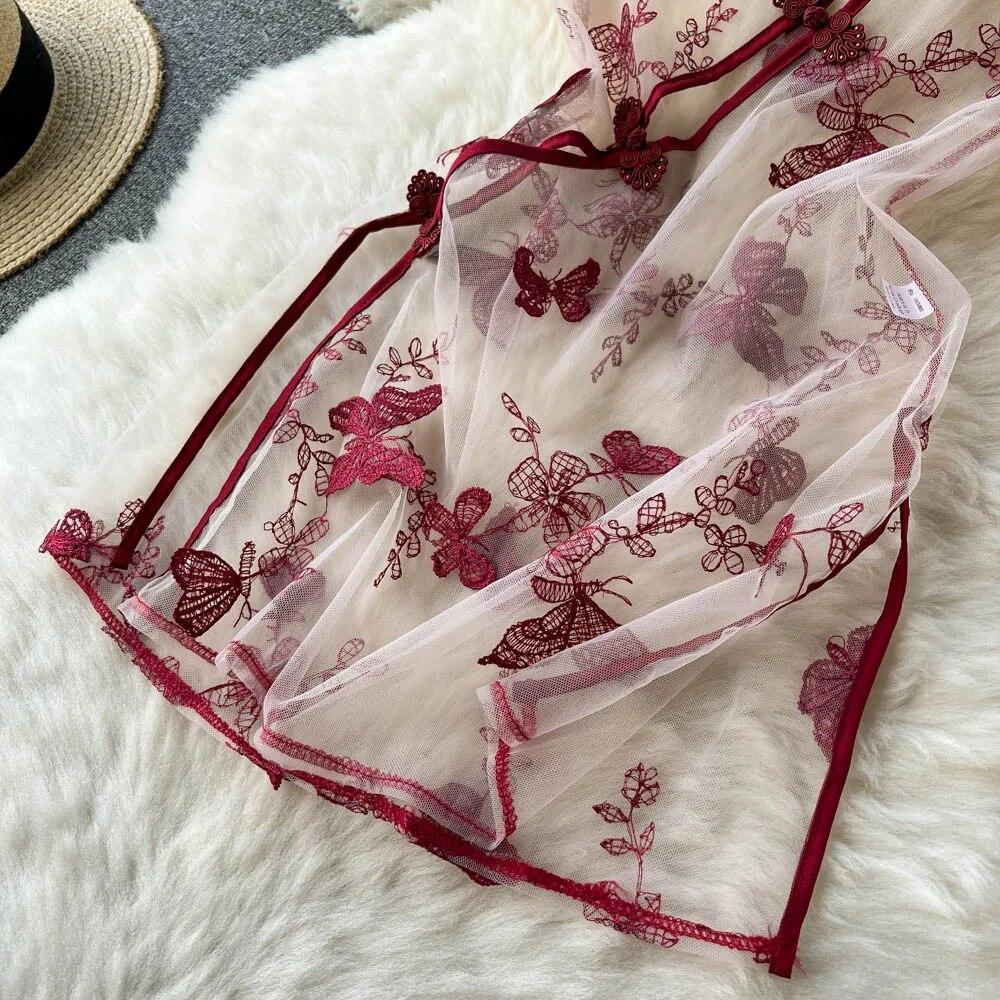Singerie Mesh Sheer Sexy Nachtkleid Frauen Hollow Out Split Retro Unterwäsche Stickerei Cheongsam Weiblich Schmetterling Muster Erotische Mode Pyjamas 2024