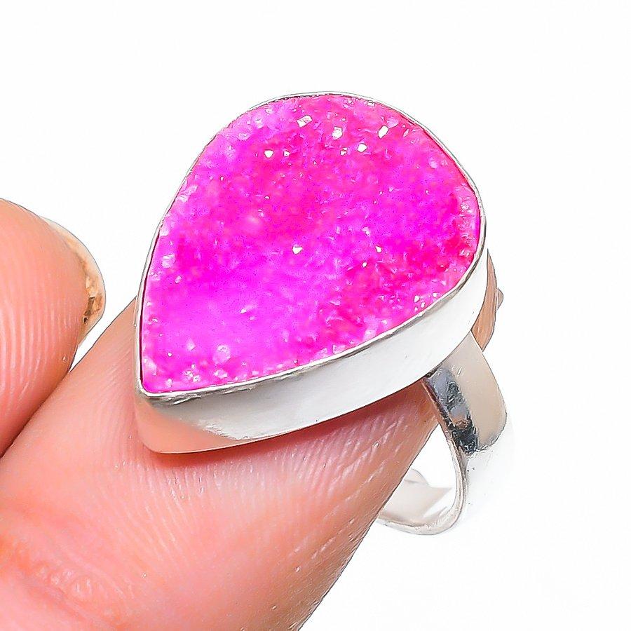 Pink Druzy Gemstone 925 Sterling Silver Jewelry Ring Size Adjustable GK-4386