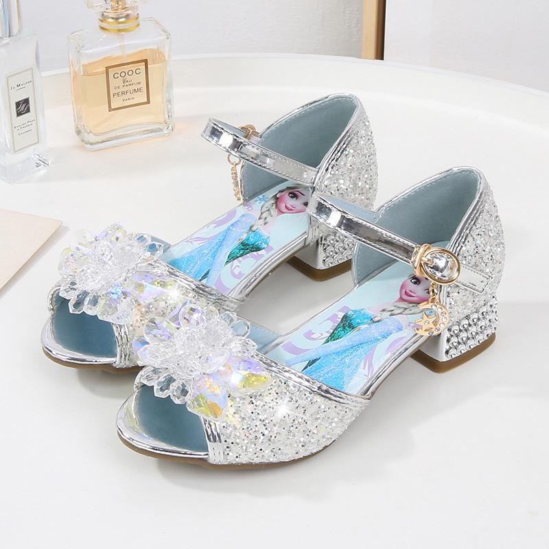 Girls' Crystal High-Heeled Sandals - Elsa Princess Style for Summer 2024