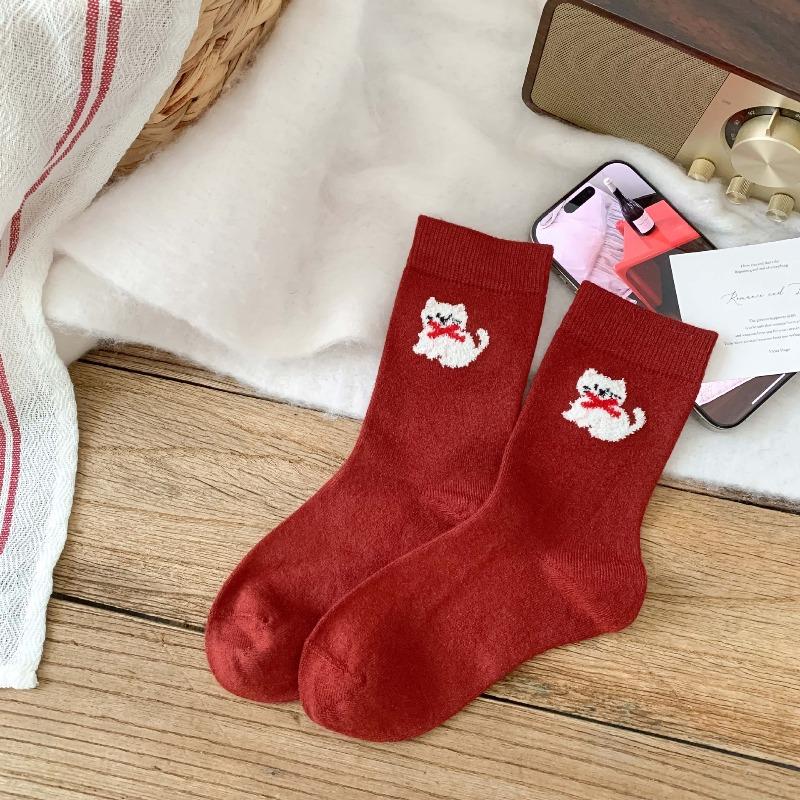 

Wool Socks - Warm Mid-length Socks for Autumn and Winter. Red Socks for Children. Festive New Year Style with Bow Ties. Bright Red Socks.