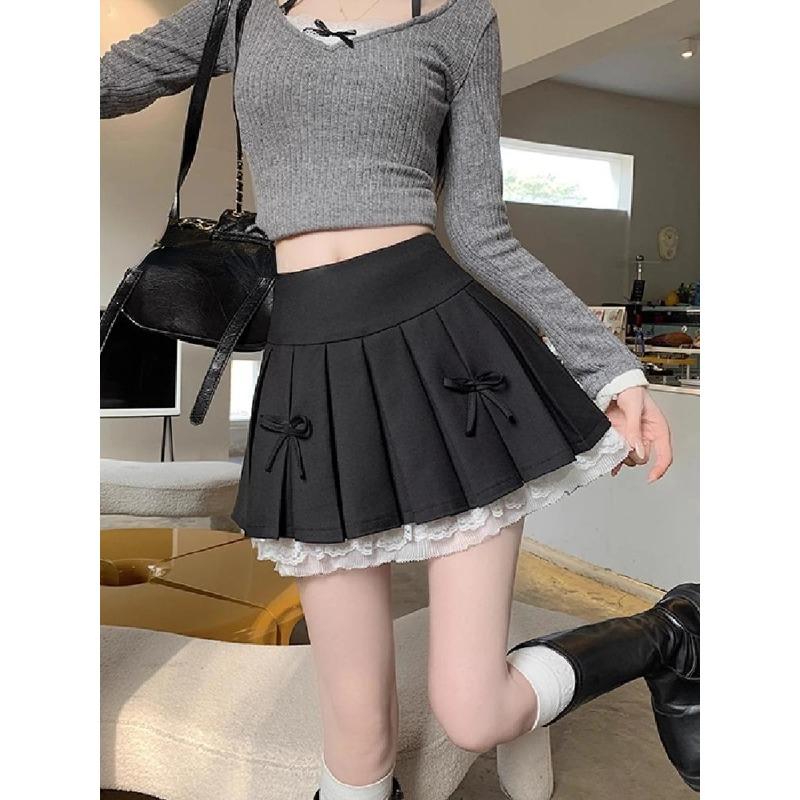 2024 New Women's Spring/Summer Cute Spliced Lace Edge Mini Skirt Sexy Bow Design Casual Y2K All Match A-line Black Pleated Skirt