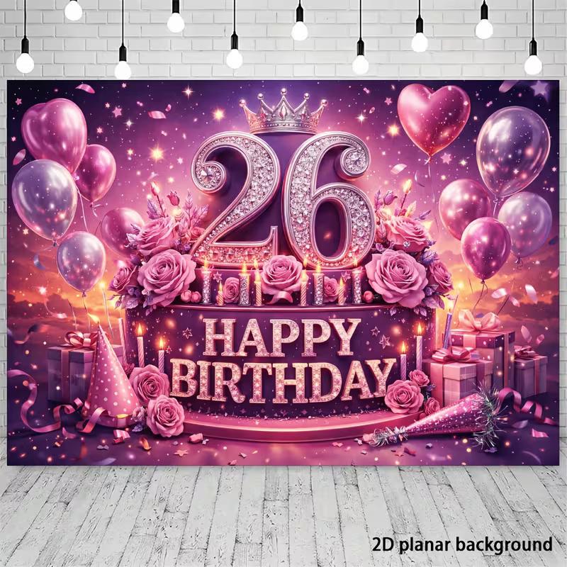 2D Women's 26th Birthday Backdrop, Purple Pink Glitter Themed Photography Background