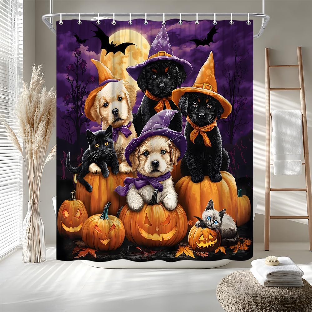 Halloween Shower Curtain Cute Dogs And Cats With Witch Hats Horror Pumpkins Full Moon Spooky Bat Gothic Animals Bath Curtain