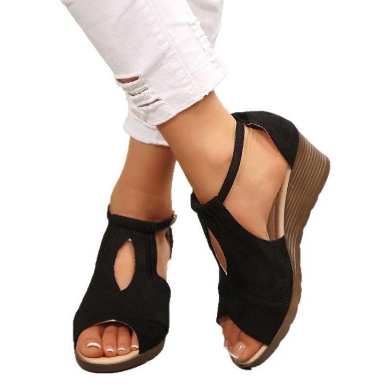 Frühlings- und Sommer-Fischmaul-Damenschuhe mit Ein-Schulter-Schnalle und ausgehöhlten Keilabsätzen Damen-Keilabsätze